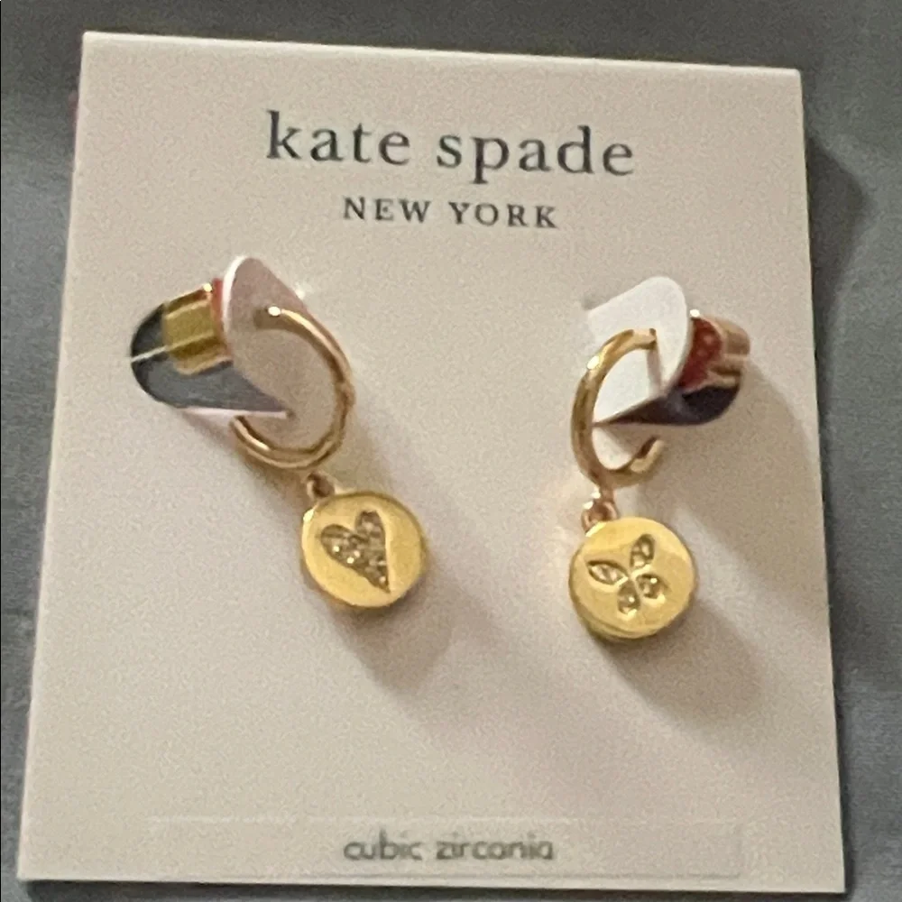 NWT Kate Spade pave heart and butterfly mist matched Huggies drop earrings J